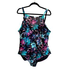 Time And Tru Womens Black Blue Floral Print Stretch One Piece Swimsuit Size 2X